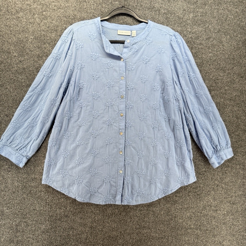 Susan Graver Top Womens L Blue Floral Button Up Peasant Boho Cottage Prairie